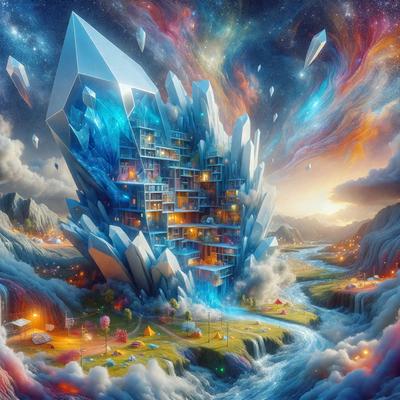 The primary subject of the image is a large, intricately designed building made of ice. The building is situated in a lush, green landscape with a river flowing nearby. The visual style of the image is digital art, with a vibrant and colorful atmosphere. The colors and mood of the scene are lively and inviting, creating a sense of wonder and imagination.